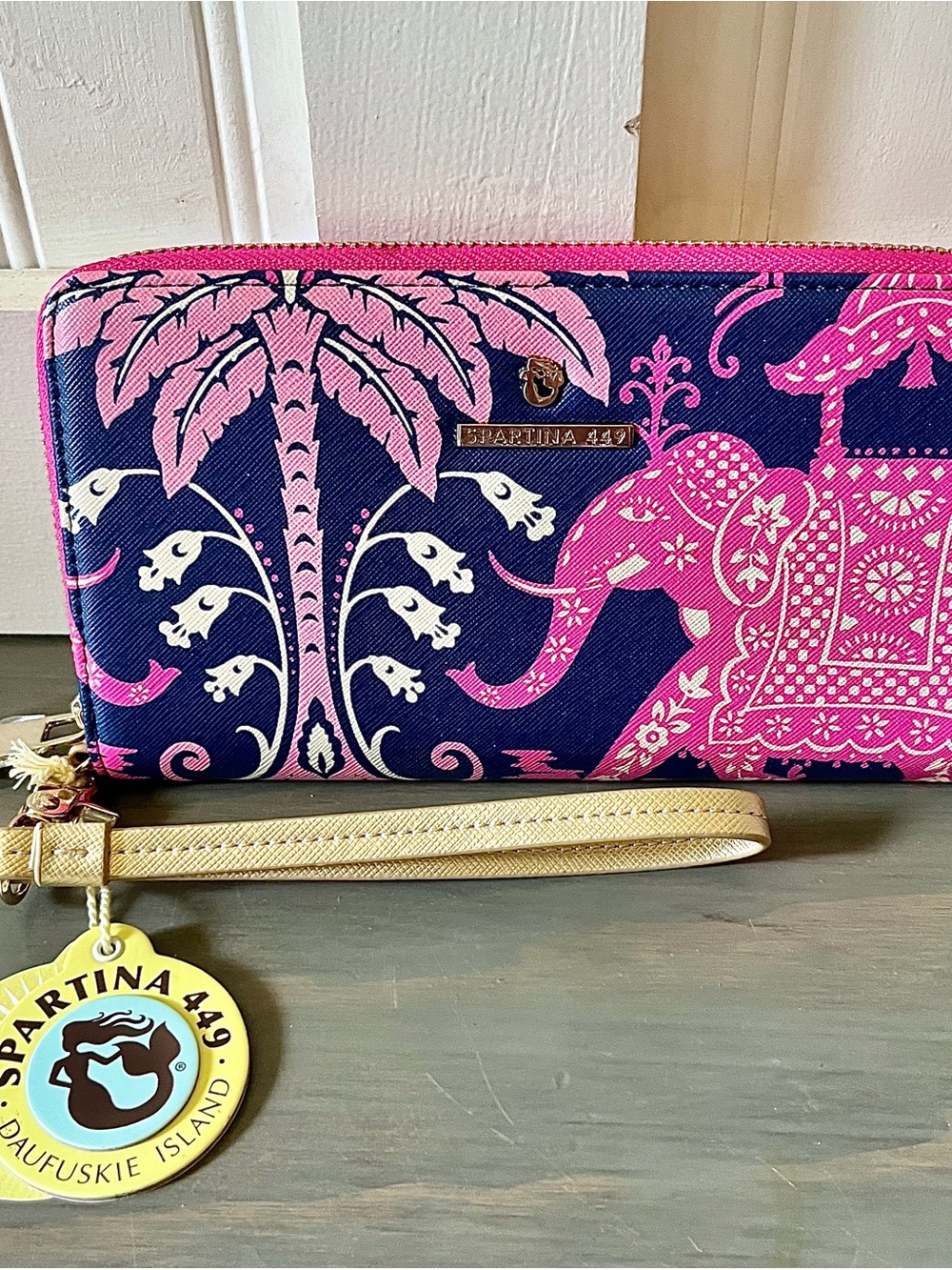 Spartina 449 Navy & Pink Elephant Wristlet Wallet NWT